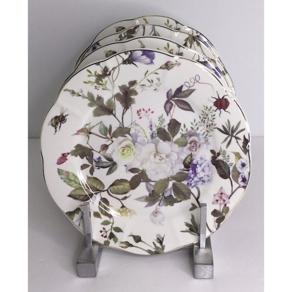 4 Salad Plates Stechcol Gracie Bone China Coastline WhitePurple7 1/2" New